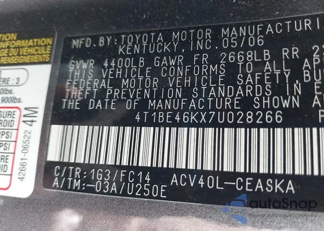 2007 Toyota Camry Se из США, поврежденный, VIN 4T1BE46KX7U028266